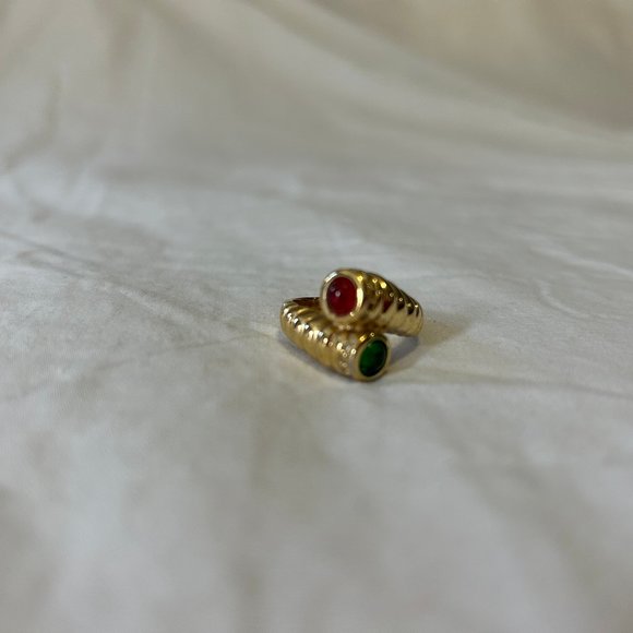 Gold & Cabochon Green & Red Gemstone Bypass Ring - Picture 5 of 10